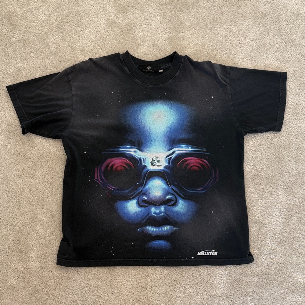 Authentic Hellstar Goggles Graphic Tee with Blue Face Print